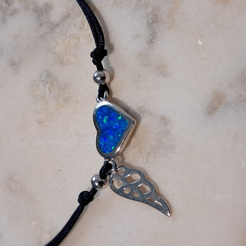 Sterling Silver Winged Blue Lab Opal Heart‎ Adjustable Silk Bracelet